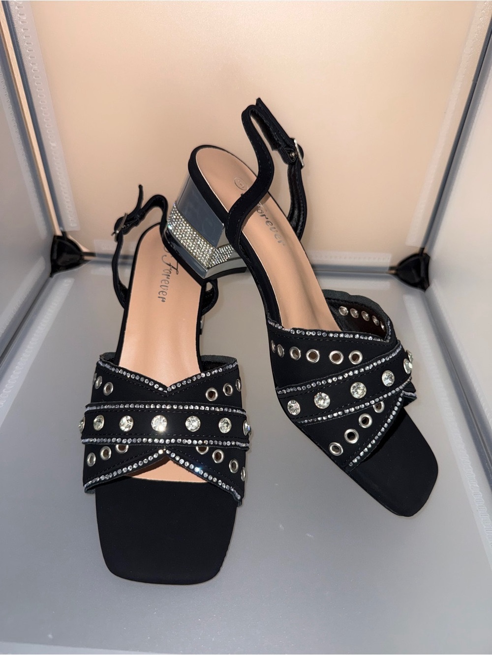 Forever Black Low Block Heels with Crystals & Silver Studs Sandals Size 6.5